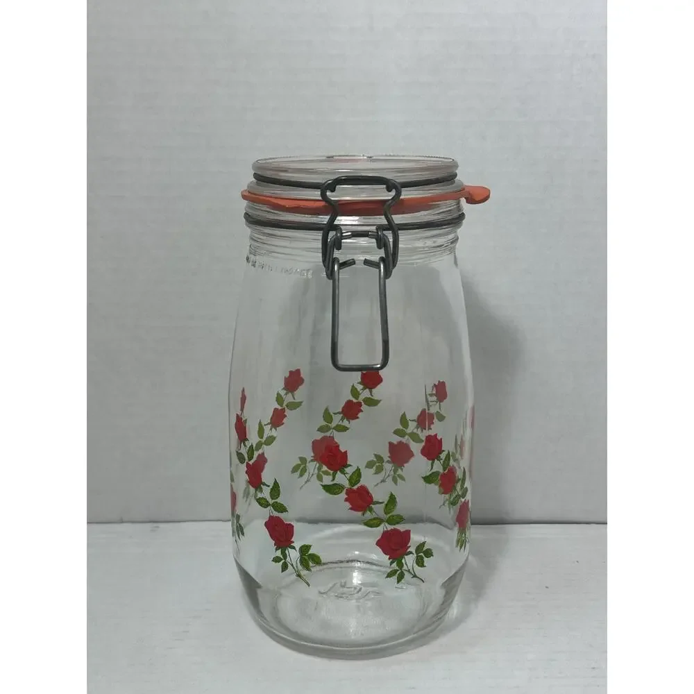 Vintage ARC Red Roses / Flowers Jar / Cannister Made in France 1.5 L